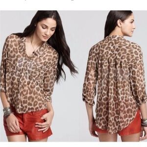 Free People Easy Rider Cheetah Button Front Shirt Blouse Semi Sheer Animal Print